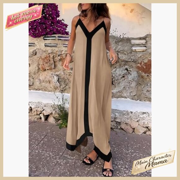 Elegant Maxi Sundress V-Neck Spaghetti Strap Flowy Party Beach Vacation Dress - Picture 4 of 7